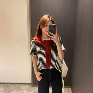 Spring Summer New Women's Pima Cotton Embroidered Red Stripe Top Pure Cotton Short Sleeve Basic T-Shirt Versatile Cross-Border