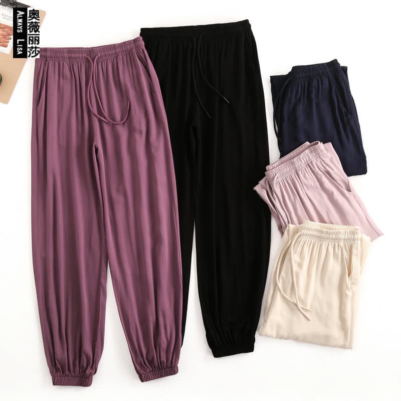 Summer Women's Cotton Silk Thin Lantern Pants Adult Mosquito-Repellent Pants Beach Pants Rayon Casual Loose Elastic Cuff Sleep Pants
