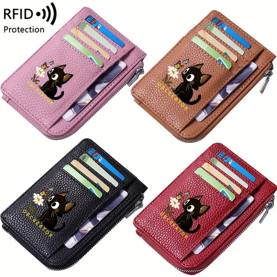 New Cartoon Cat Card Holder for Women, Multi-Function RFID Anti-Skimming Multi-Slot Coin Purse, Leather Zipper Style