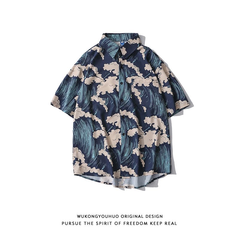 Wukong Available Summer Thin Hawaiian Waves Full Print Shirt Men's Loose Casual Beach Clothes Short-sleeved Shirt Trendy