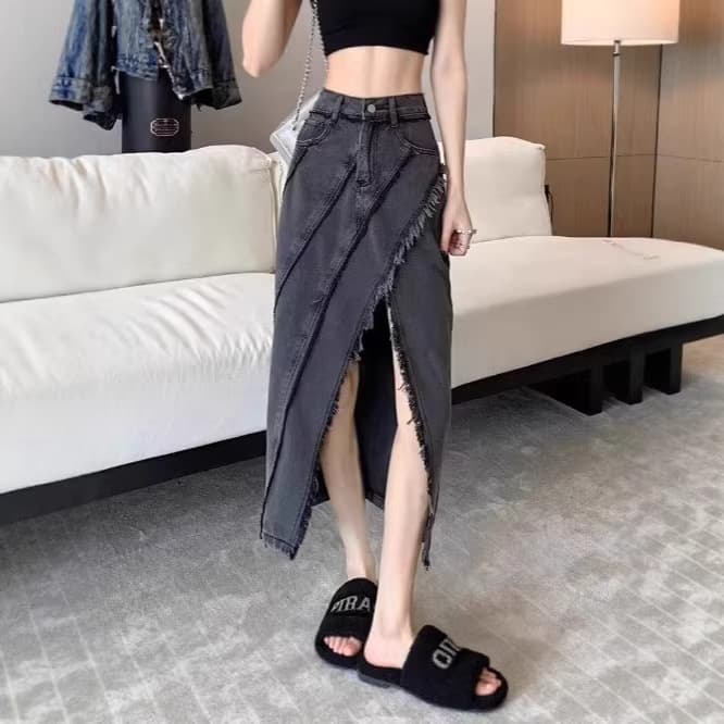 Denim Skirt with Pockets, Elastic High Waist Stretchy Short Skirt for Women, Plus Size, Spring/Summer Slimming Half Skirt with Pockets