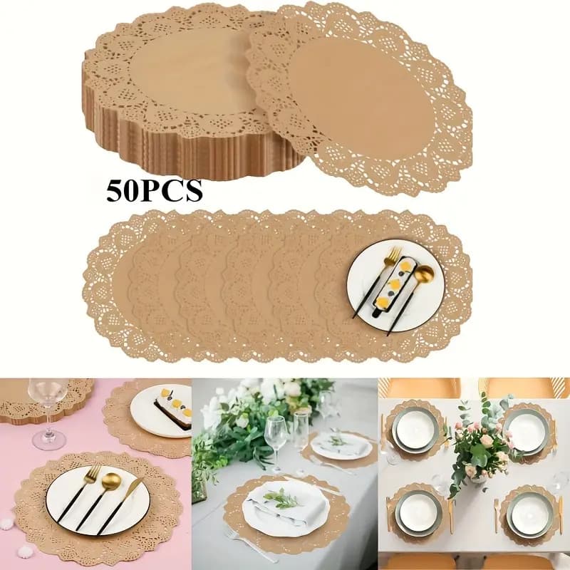 High Quality Brown Kraft Paper Table Mat with Lace Floral Pattern for Wedding And Party Modern Simple Style Baking Paper