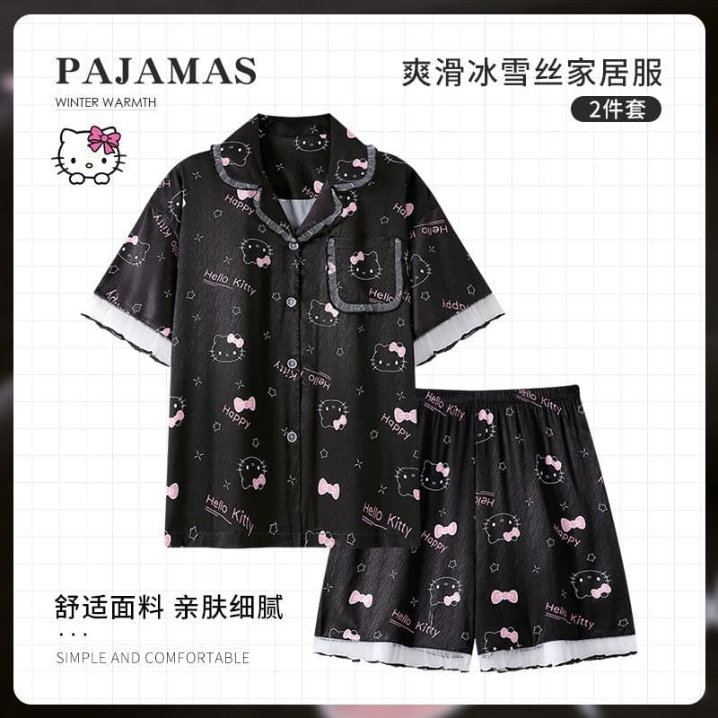 Black cool Hello Kitty cat can be worn outside casual home clothes two-piece suit for girls summer ins style