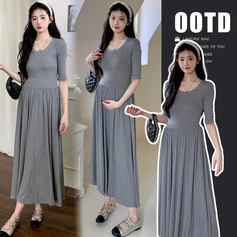 Actual Photo In Stock Ballet Style Dress Summer Trendy New Maternity Dress Gray Literary Vintage
