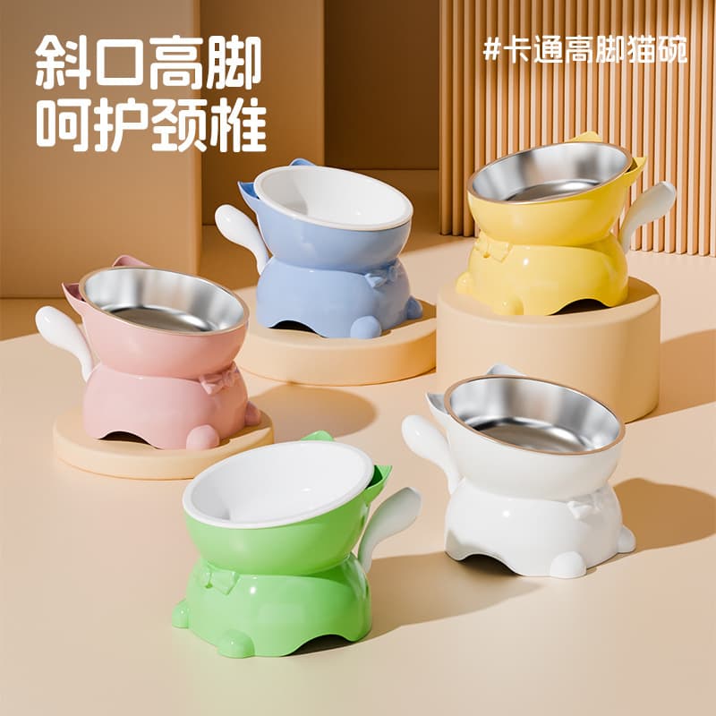 Ceramic Cat Bowl, Raised Cat Food Bowl, Water Bowl, Anti-Tip Slanted Cat Bowl, Stainless Steel Cat Bowl
