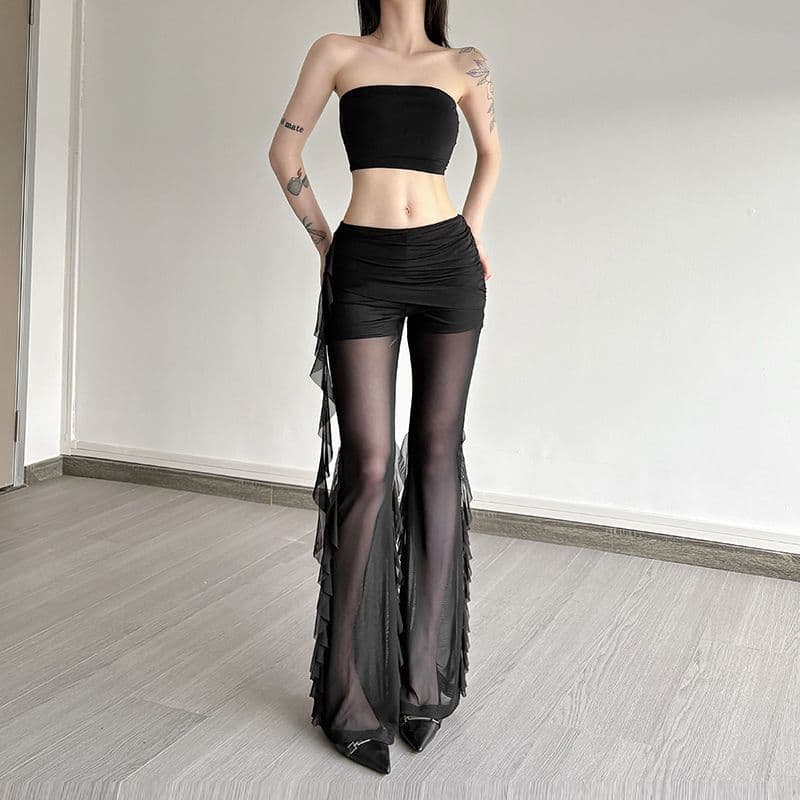 Millennial Trendy See-Through Mesh Panel Pants for Women, Designer Pleated Casual Fashion Trousers