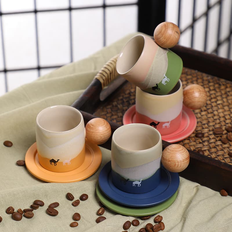 Cross-border Rustic Pottery Middle Eastern Espresso Cup and Saucer Set, Creative Vintage Saudi Style Wooden Handle Small Coffee Cup