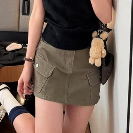Workwear style military green A-line skirt for women summer new style multi-pocket small crotch-covering slim denim skirt