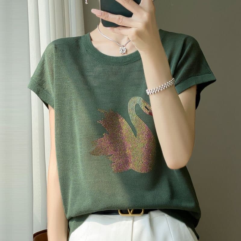 Cool Bamboo Jersey Short Sleeve Women's T-Shirt with Swan Rhinestone Ice Silk Round Neck Base Top for Mothers