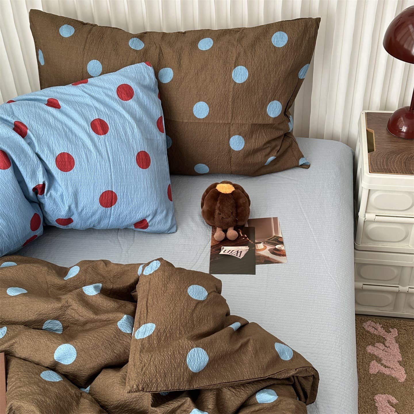 Retro Polka Dot Soft Washed Cotton 4-Piece Bed Sheet Set, Student Dormitory 2m 3-Piece Bed Sheet Set 1.8