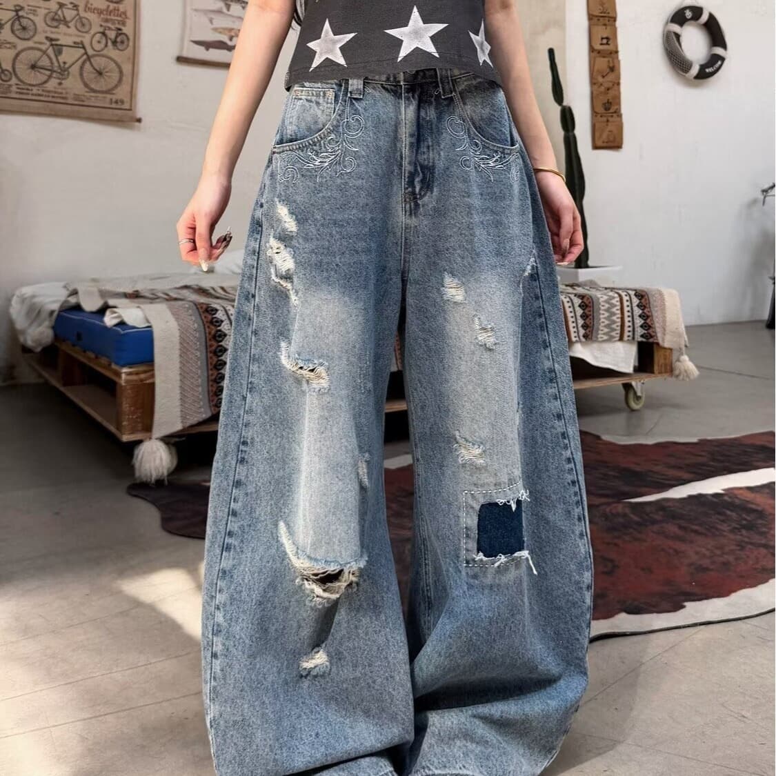 American Retro Jeans for Women, Autumn Washed High-Waist Loose Fit Slimming Wide-Leg Pants, Relaxed Ripped Straight-Leg Floor-Length Trousers