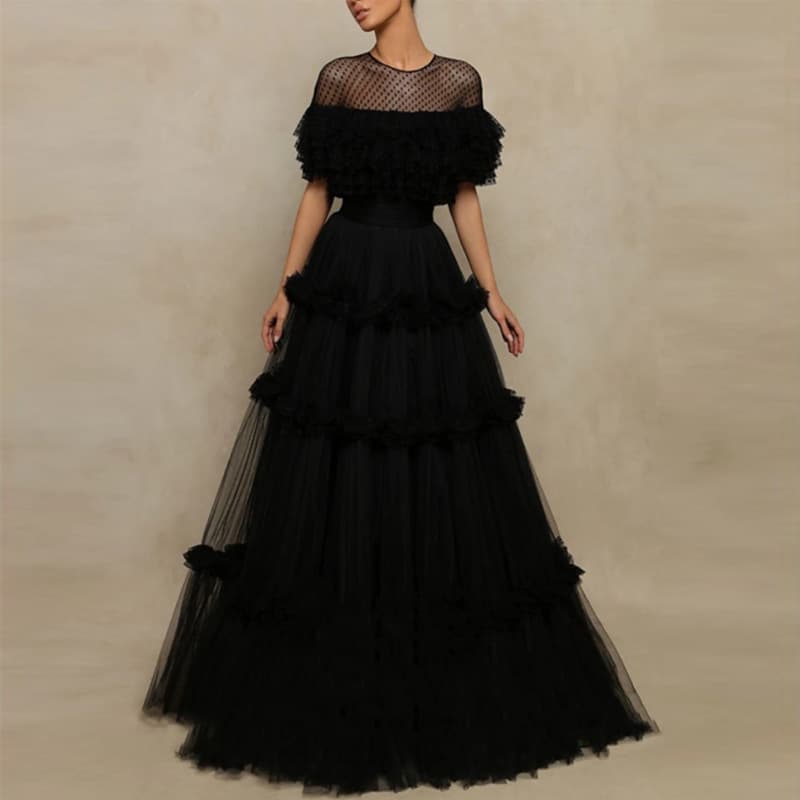 Amazon European and American cross-border e-commerce, niche women's slim-fitting black cake dress/evening gown with shoulder cover.