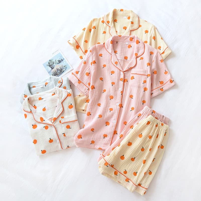 Japanese Women's Summer Cotton Short Sleeve Shorts Set, Washed Cotton Crepe Fabric, Cute Loungewear Pajama Set in Stock
