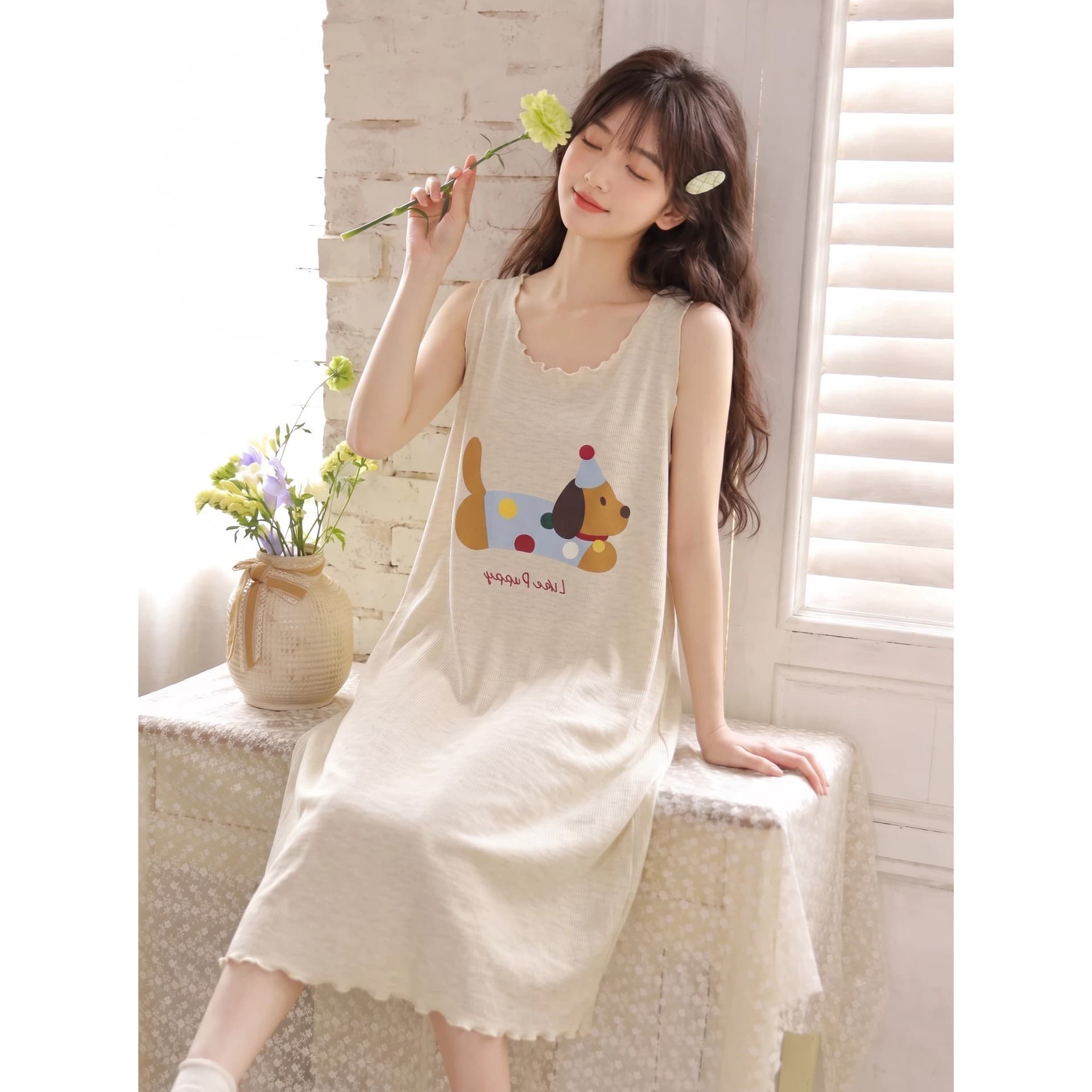 Summer Cartoon Vest Nightgown Women Thin Sleeveless Sweet Cute Sleepwear Girl Wear-Out Homewear Ice Silk Nightgown Summer