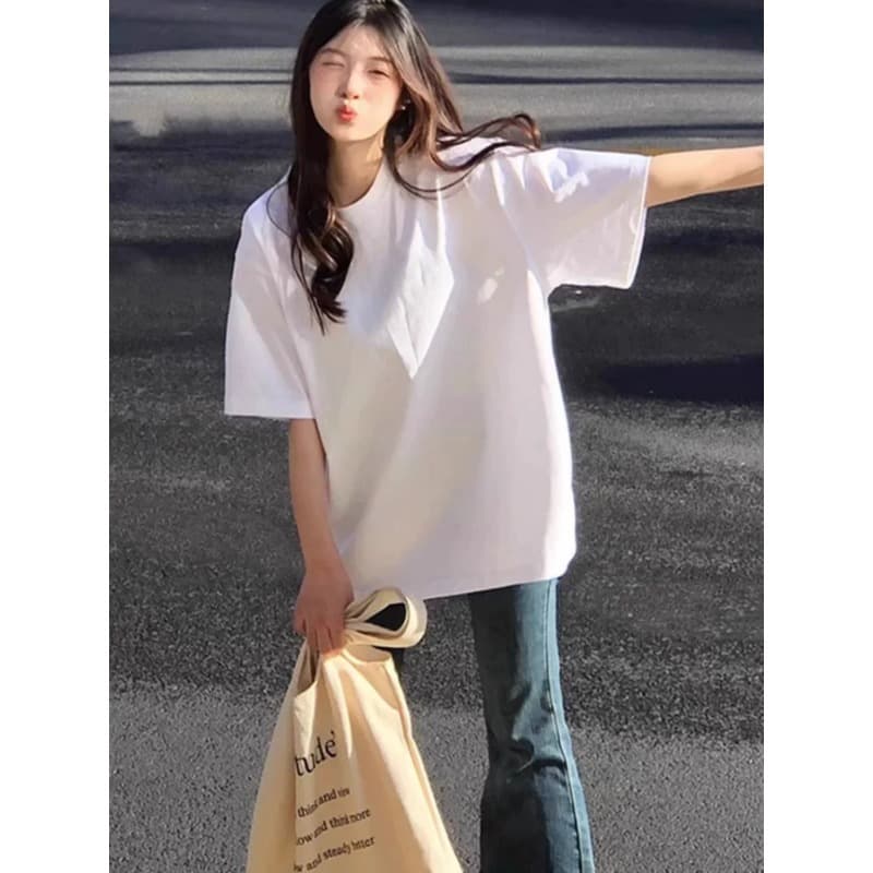Salt White 2026 Summer New Casual Simple White Short Sleeve T-Shirt Women Loose Oversize Top
