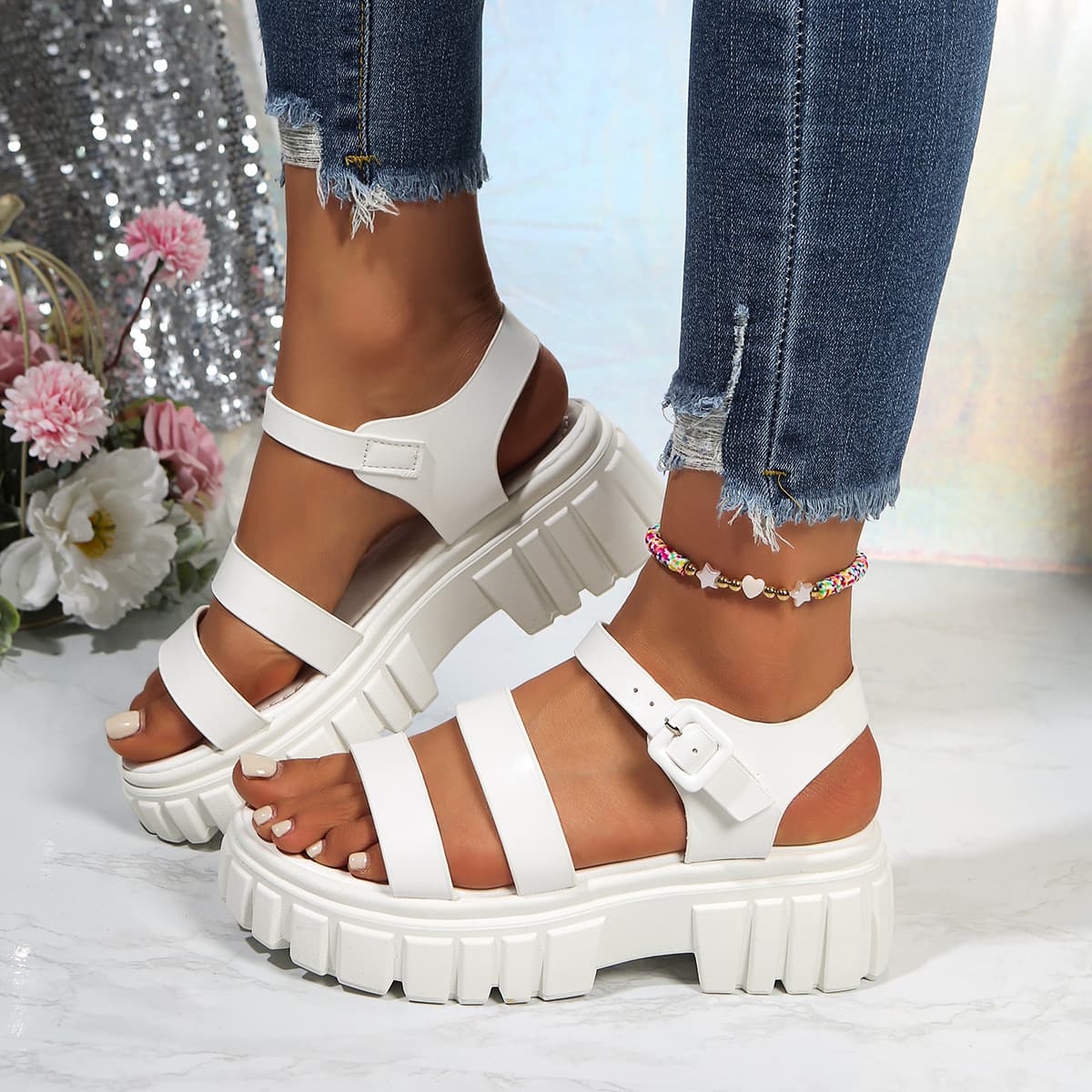 European and American Cross-Border Plus Size Thick-Soled Sandals for Women Summer New Casual One-Strap Buckle Open-Toe Roman Sandals