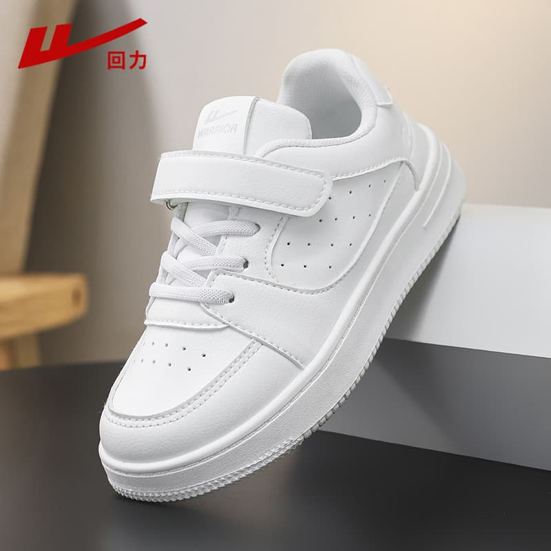 Warrior children's white sneakers, new autumn style, leather waterproof, suitable for medium and large children, boys and girls, white casual sneakers.
