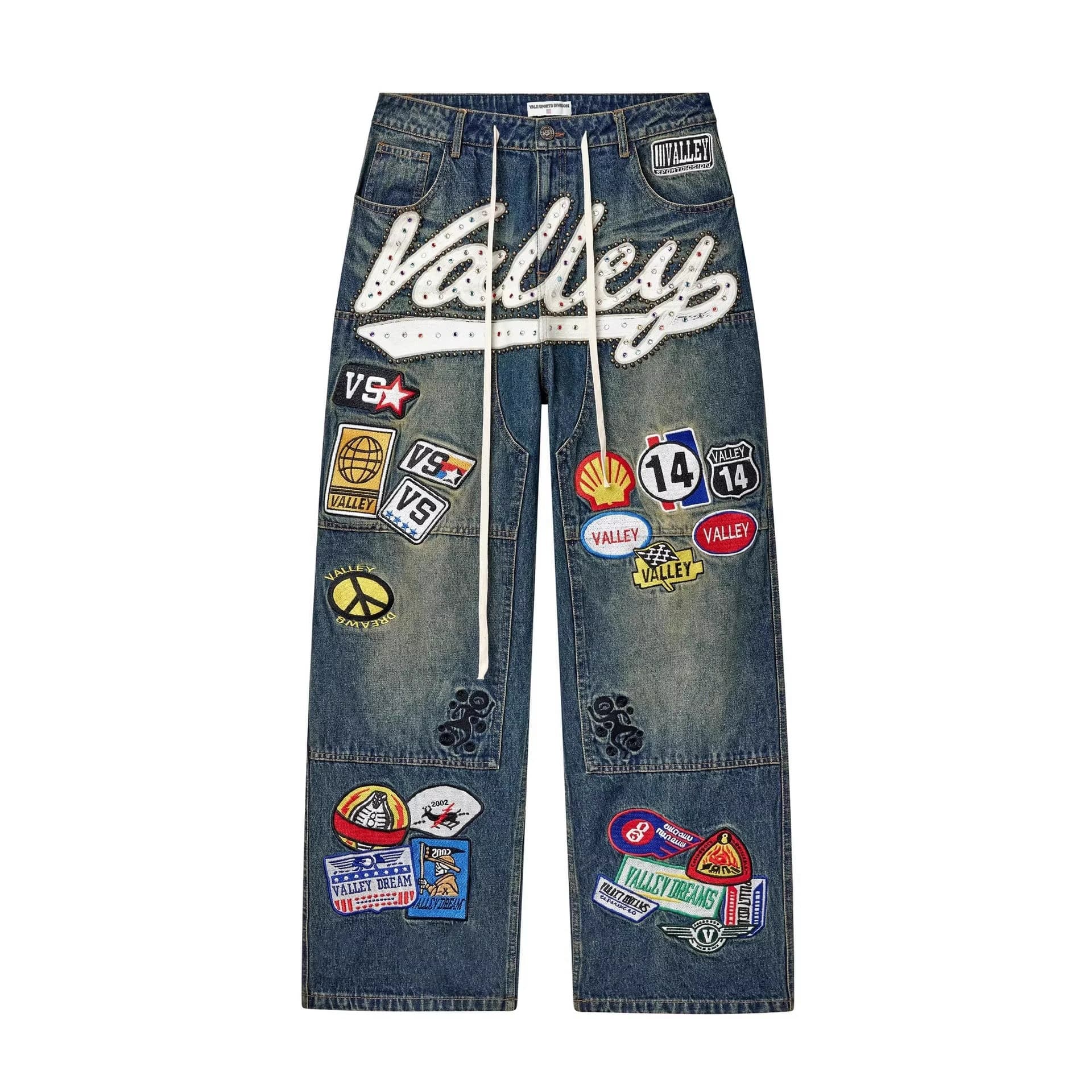 European and American cross-border splicing beaded patch jeans for men AliExpress wholesale drawstring loose denim trousers for men ins