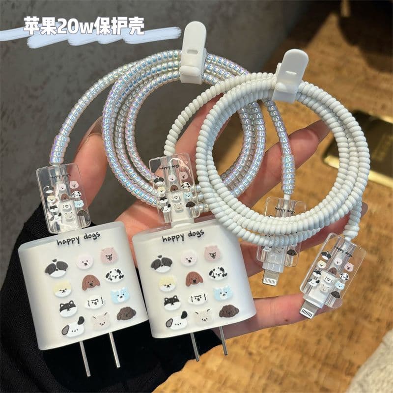 Minimalist dog design compatible with Apple 16 charger case, 20W charging head cover, iPhone data cable anti-break