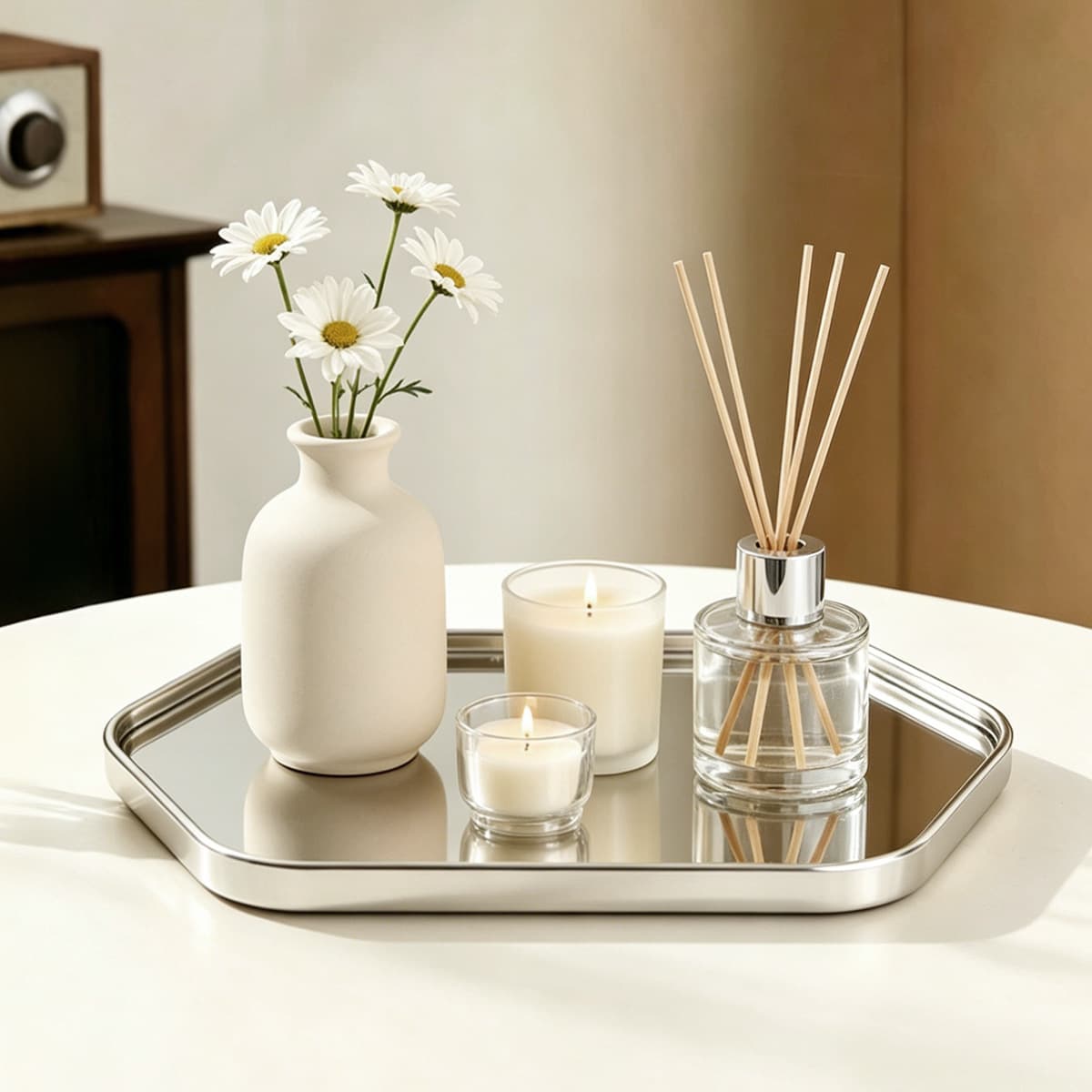 Factory direct supply silver hexagonal mirror tray, high-end jewelry storage tray, desktop aromatherapy ornament tray