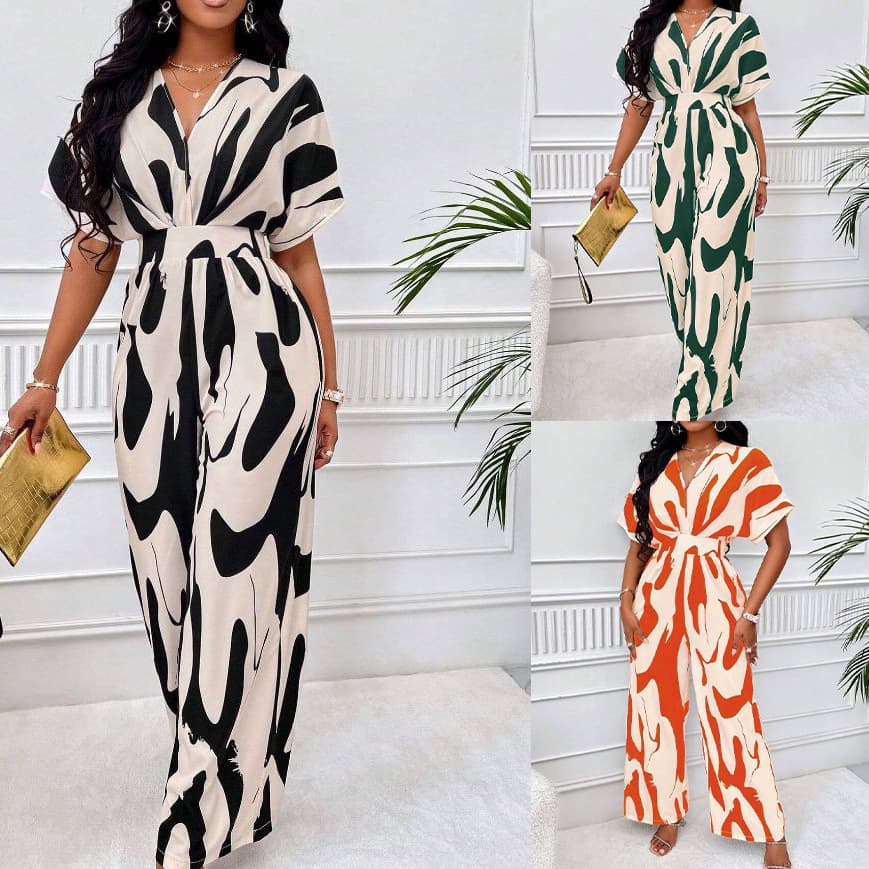 Spring Summer New Women's Full Body Print Batwing Sleeve Wide Leg Jumpsuit Cross-Border Clothing Chinese Brand AE Stock