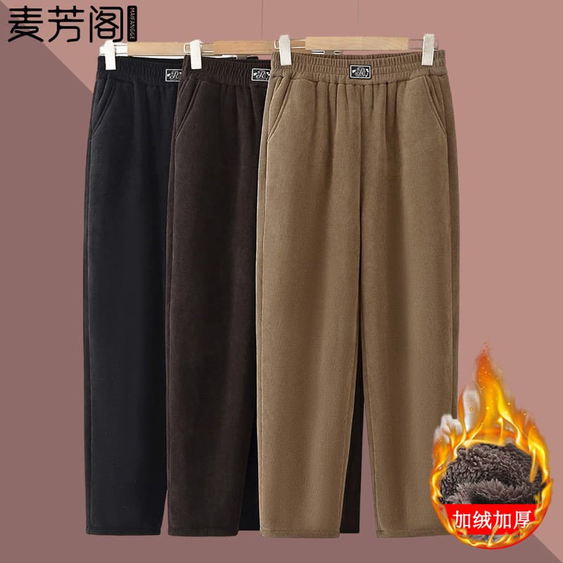 Mother's Corduroy Pants for Spring and Autumn Outer Wear, Plus-Size Casual Long Pants for Middle-Aged and Elderly Women, Winter Fleece-Lined Grandma Pants