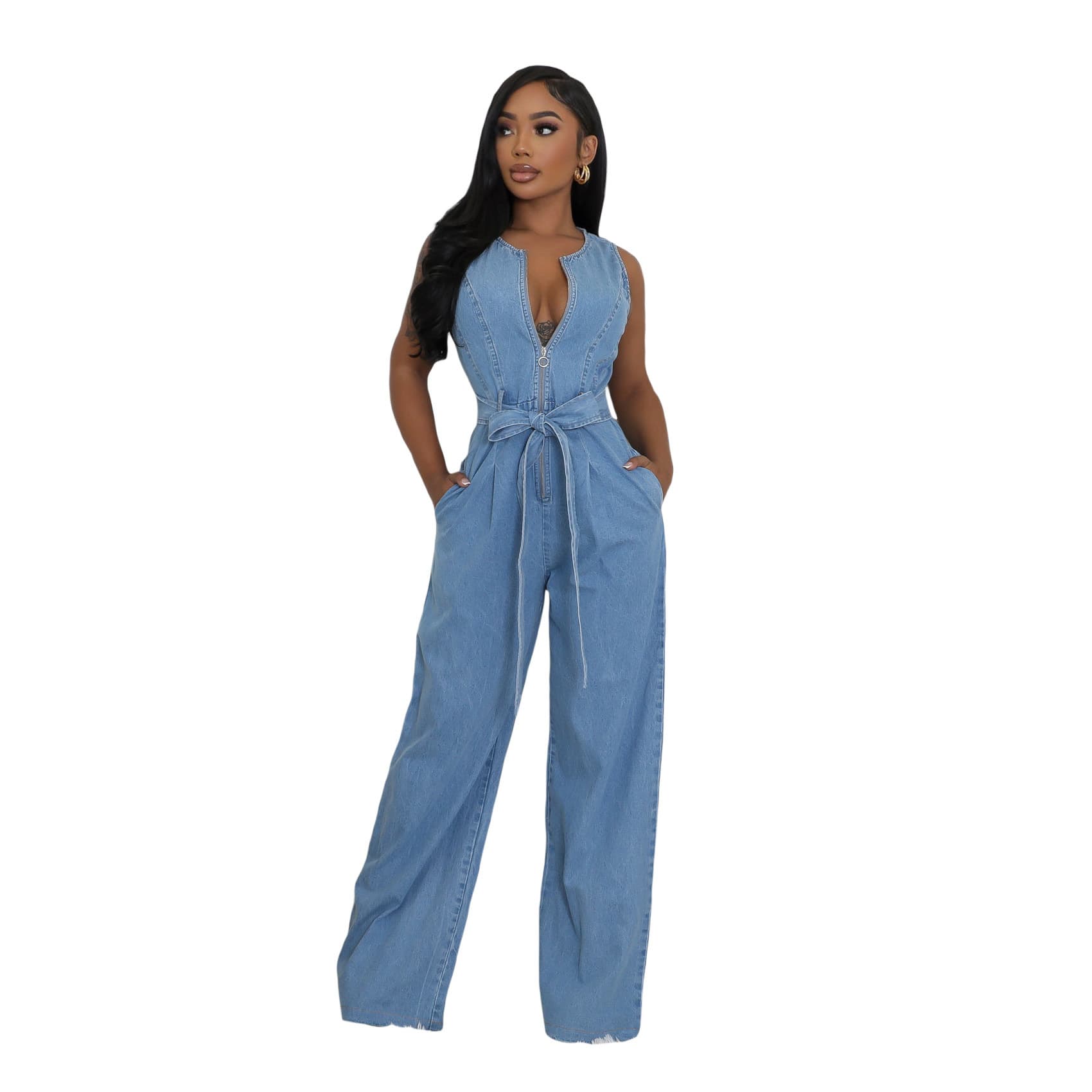 Women's Fashion Casual Stretchy Denim Jumpsuit with Waist Definition, Slim Fit, Straight Leg, Loose Fit