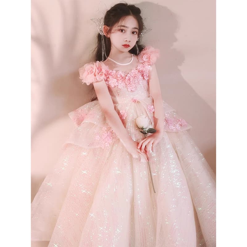 Girls' Formal Dress Pink Floral Princess Gown Fairy Children's Birthday High-End Luxury Little Host Piano Performance Outfit