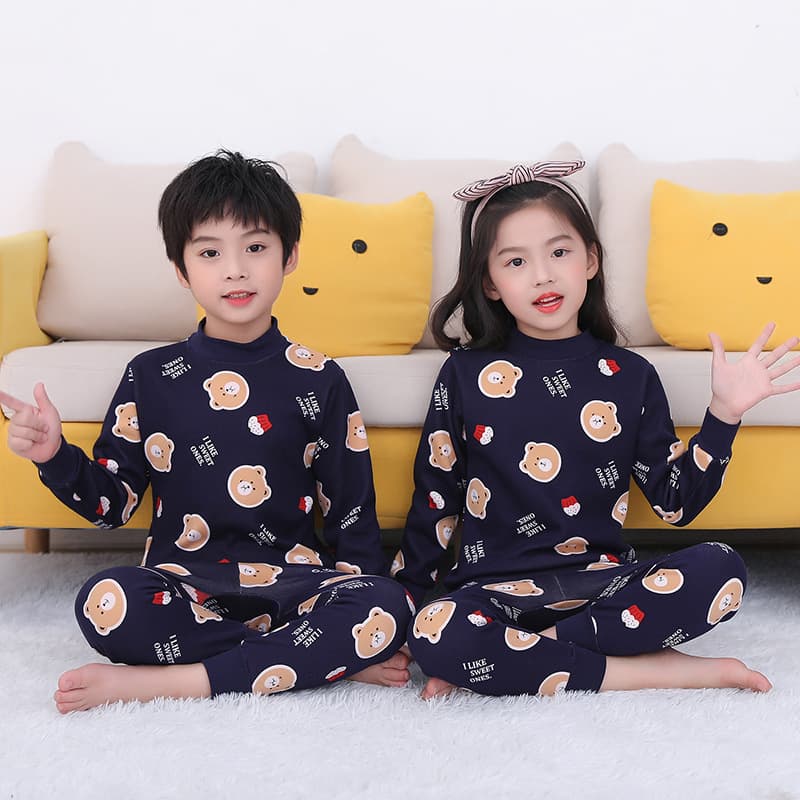 Kids Fleece-Lined Warm Loungewear Set Autumn Winter Boys Girls One-Piece Fleece Cartoon Mid-Neck Print Pajamas Sleep Pants