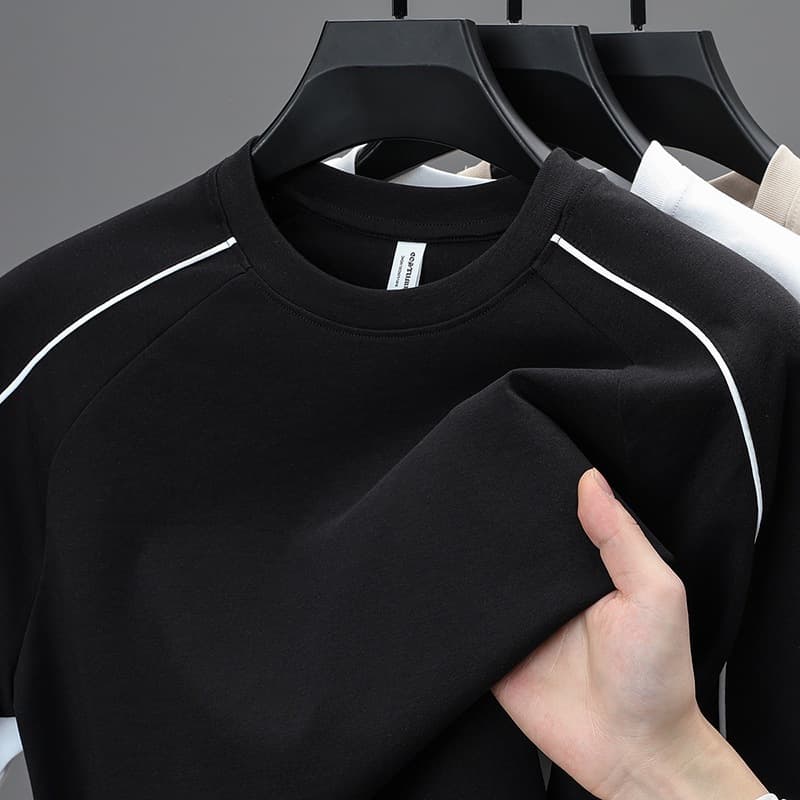 New Summer Men's Simple Line Patchwork Crew Neck Short Sleeve T-Shirt Korean Trendy Casual Versatile Solid Color Top