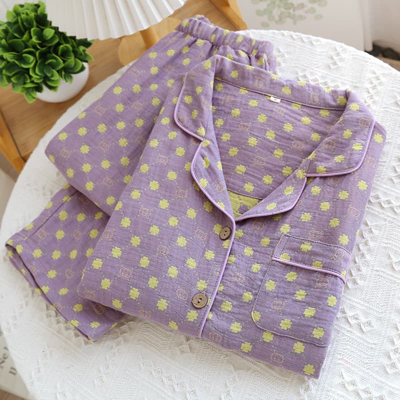 Spring and Summer New Style Yarn-Dyed Jacquard Cotton Loose-Fitting Home Pajama Set Women's Underwear Long-Sleeved Home Clothes