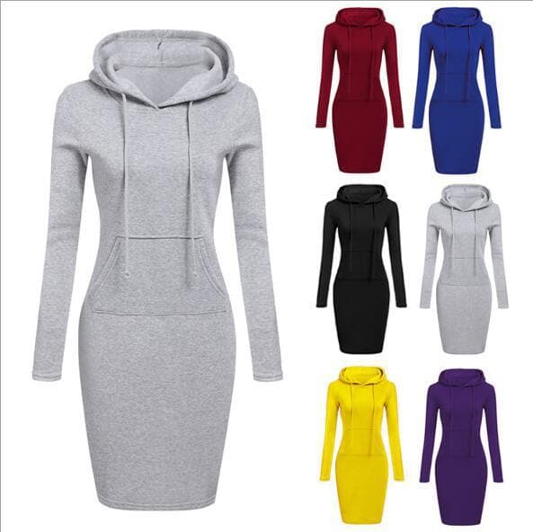 Autumn and Winter New Hot Selling Amazon Wish Foreign Trade European and American Women's Clothing Solid Color Hooded Long Sleeve Dress