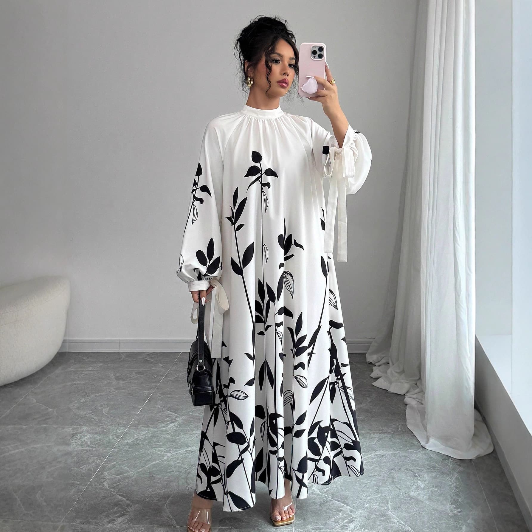 2026 European and American hot style, fashionable printing, loose, halter neck, plus size women's long-sleeved autumn dress