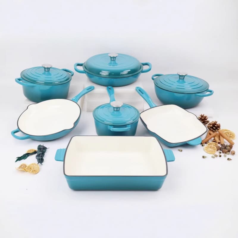 [Multi-Color] Enameled Cast Iron Cookware Set 7-Piece: Dutch Oven, Seafood Pot, Frying Pan, Baking Tray, Mother Pot, Milk Pot