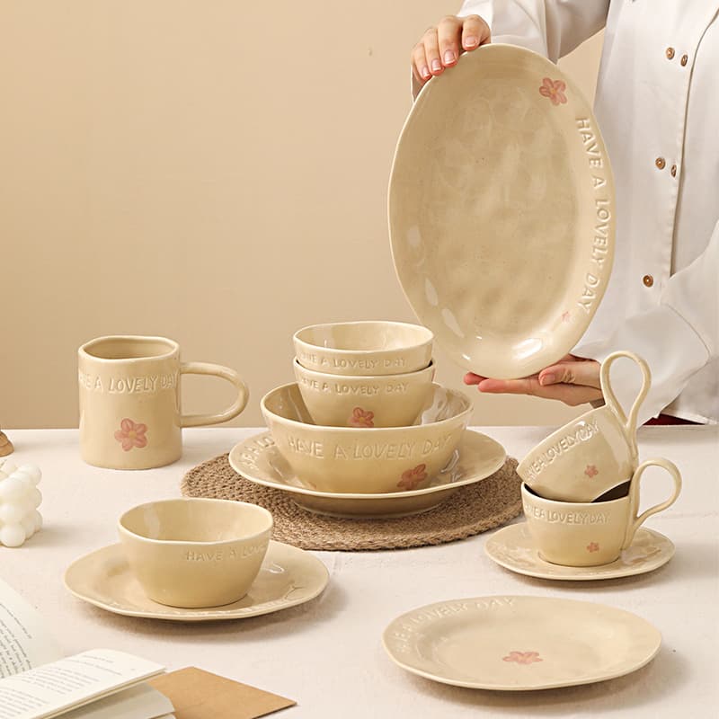Nordic style letter ceramic bowl household tableware soup plate and dish combination retro hand-kneaded irregular ceramic coffee cup