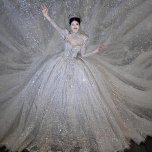 Heavy Luxury High-End Custom Wedding Dress 2025 New Bride Wedding Long Train Long Sleeve Stunning Sparkle Main Gown
