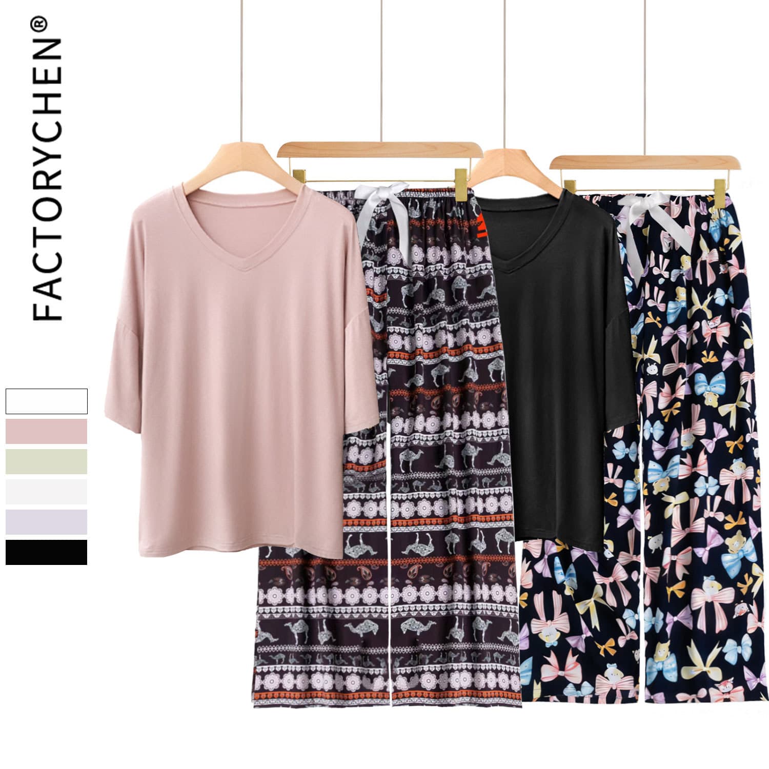 Cross-Border Summer Ice Silk Pajamas Women Set Fashion V-Neck Short Sleeve Comfortable Cool Cotton Silk Flower Pants Homewear Wear Out