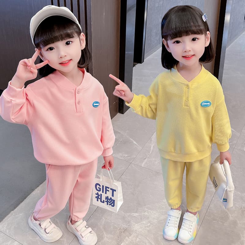Girls' Spring and Fall New Children's Sweatshirt Casual Stylish Set Baby Waffle Knit Solid Simple Two-Piece Set