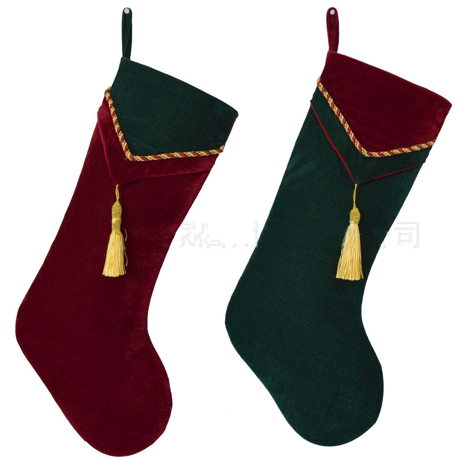 Premium Red and Green Velvet Christmas Stocking 10"x19" Triangle Tassel Decoration Christmas Gift Bag Holiday Decoration