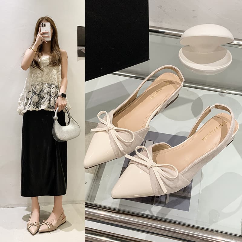 Korean Stunning Bow Closed-Toe Sandals for Women Summer Comfortable Flat Wedge Heel Pointed Toe Open-Back Sandals for Dresses