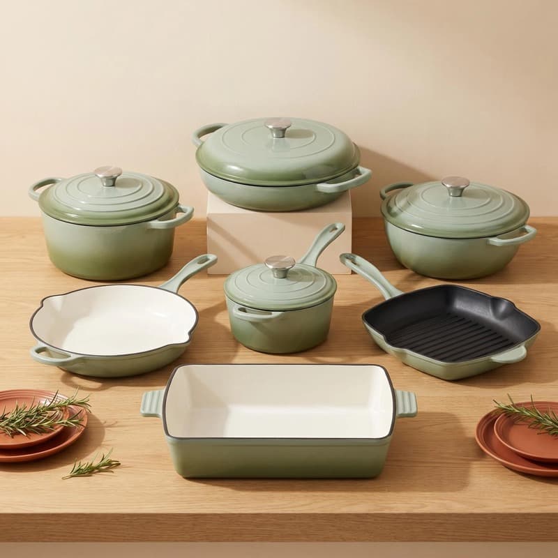 Cast iron enamel pot seven-piece uncoated flat-bottomed non-stick pot multifunctional enamel saucepan frying pan pot set