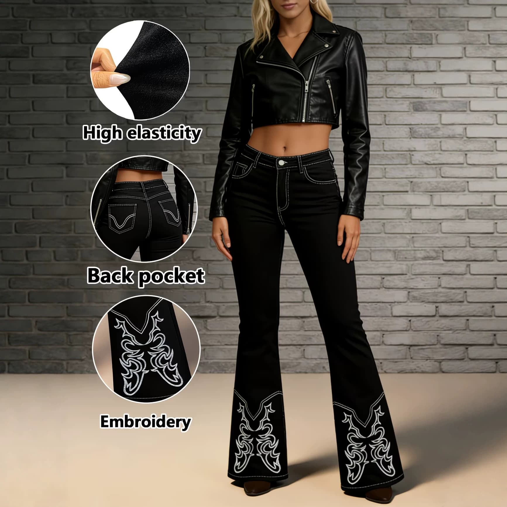 European and American cross-border western embroidered black flared jeans women's mid-waist stretch jeanswomen jeans