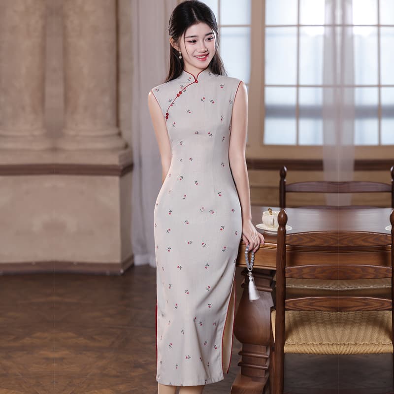 2026 Spring/Summer New Retro Tencel Linen Long Cheongsam Dress for Women, Slim Fit, Chinese Style, Everyday Modified Dress