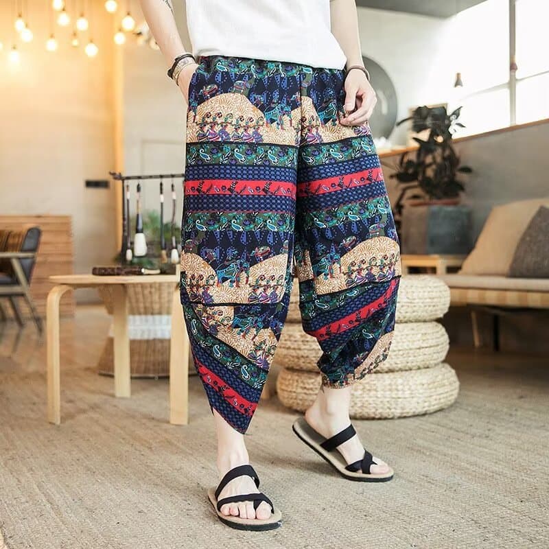 2024 Summer Lightweight Linen Capri Pants for Men, Chinese Style, Loose Fit, Floral Pattern, Trendy Thai Elephant Carrot Pants