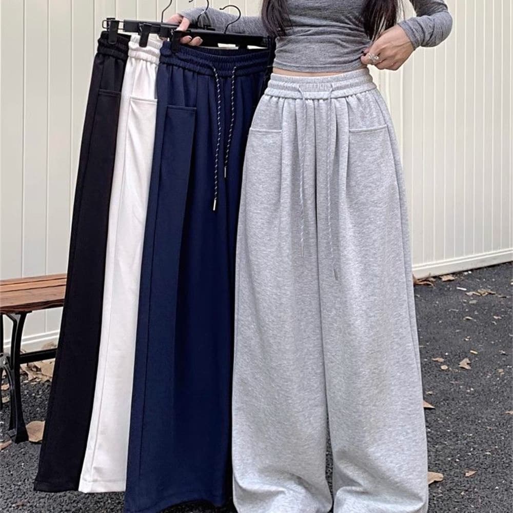 Women's High-Waist Drawstring Wide-Leg Pants, Loose Fit, Slimming Straight-Leg Trousers for Spring and Summer, Floor-Length Sweatpants