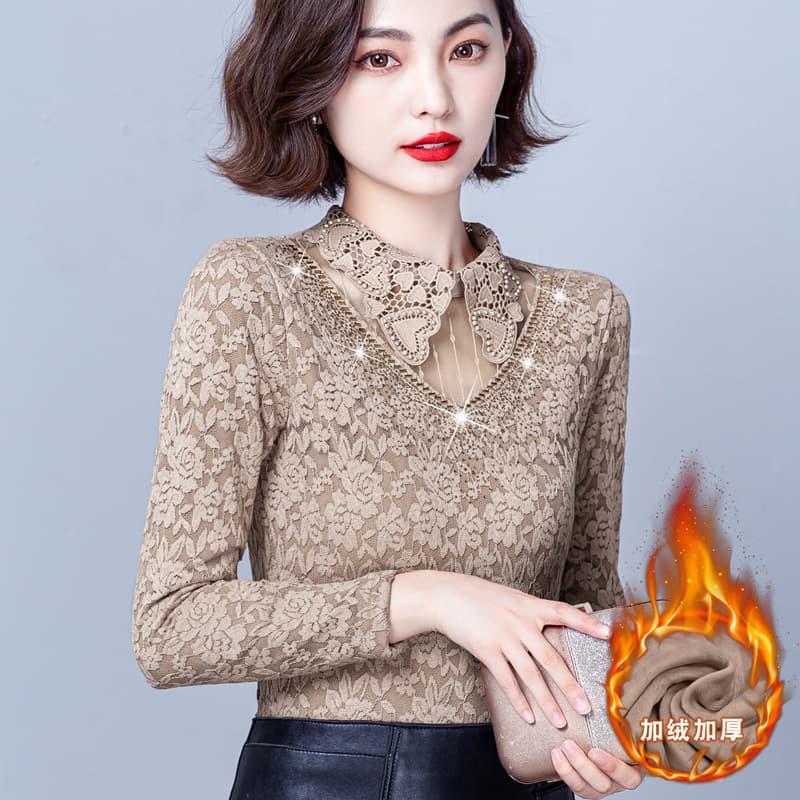 Real Shot # Autumn/Winter Thickened Warm Top Slimming Fleece Lined Lace Base Shirt