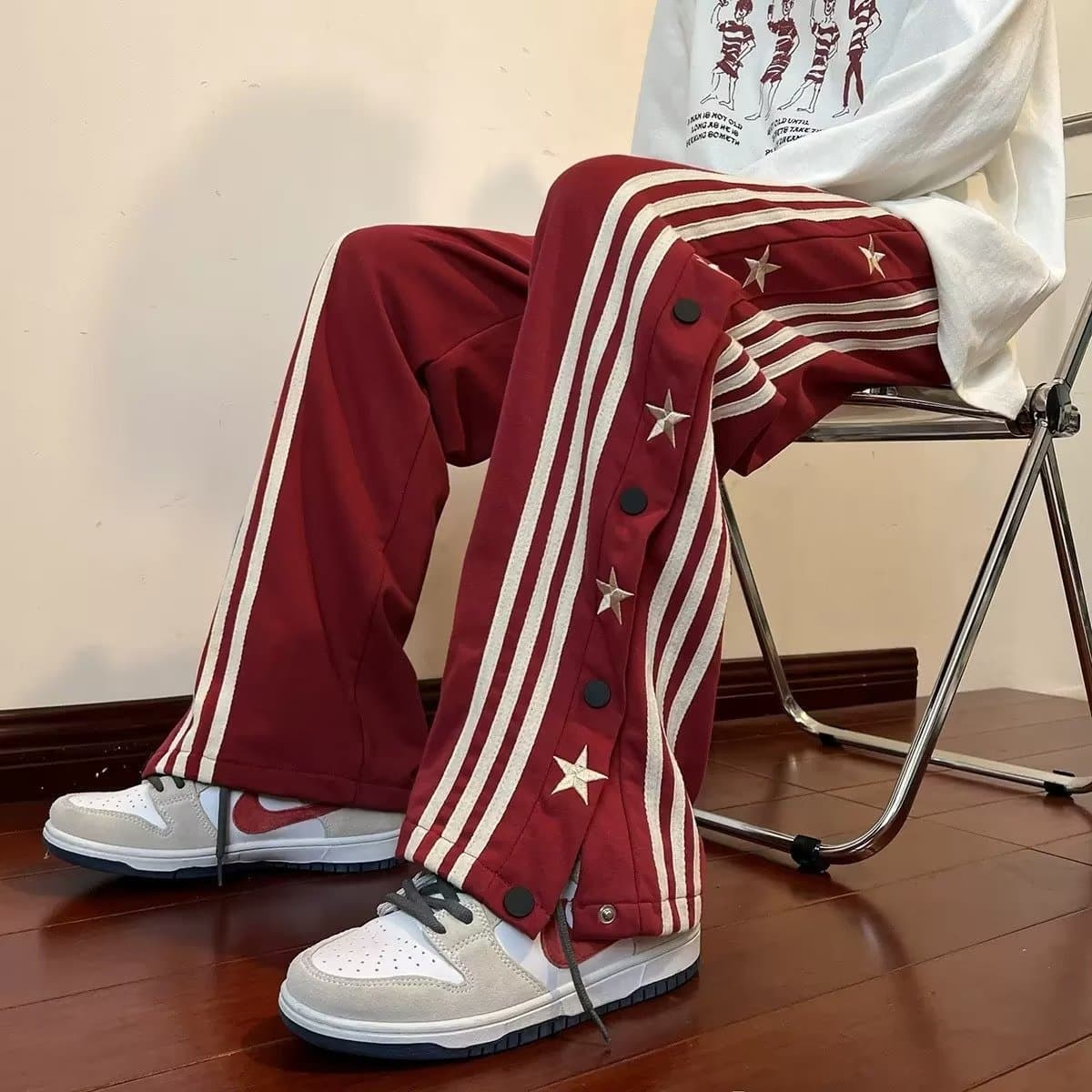 Casual Men's Pants 2024 Spring Autumn New Style American Trendy Brand Stripe Button Pants Women's Version Star Embroidery Straight