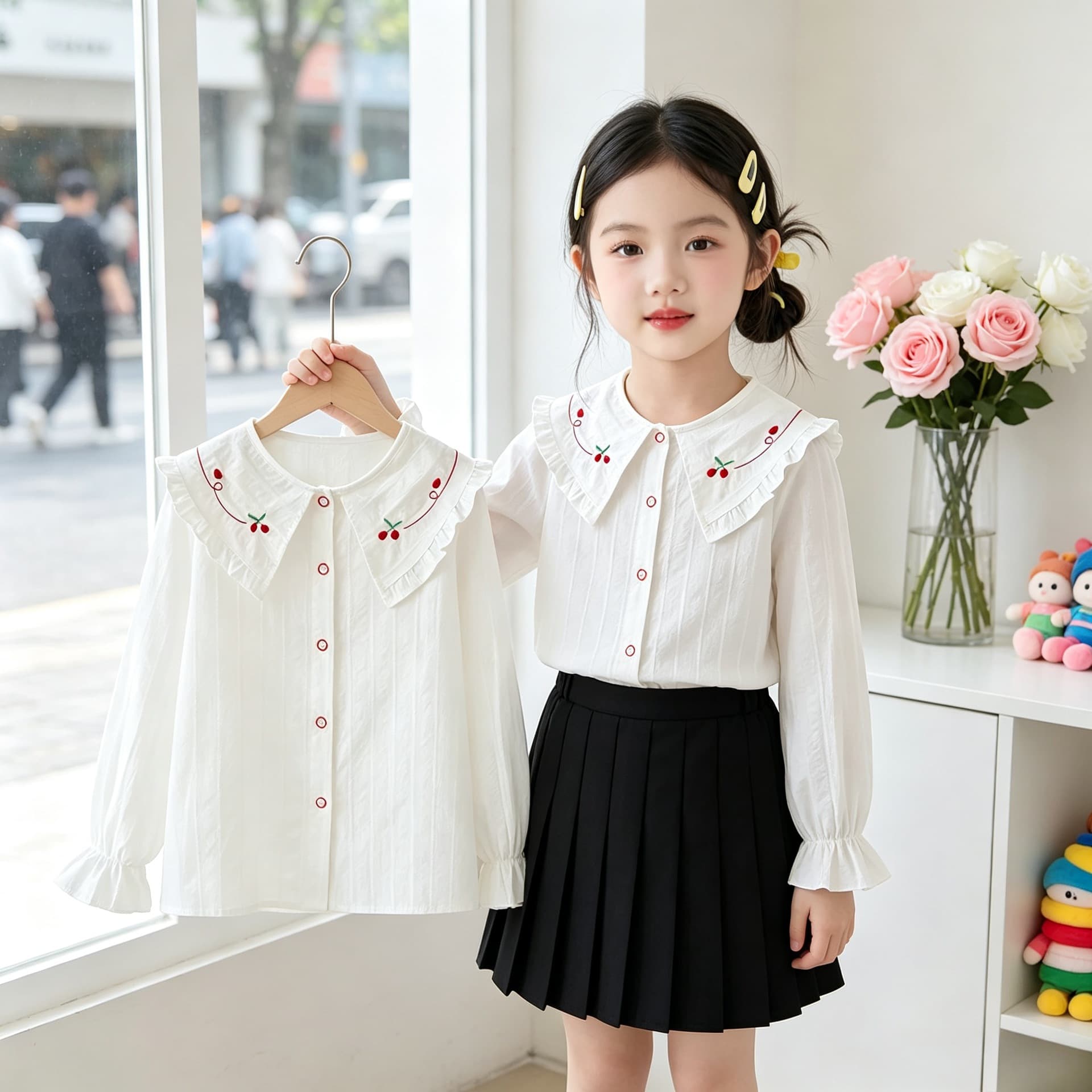 Girls' white shirt spring and autumn long-sleeved school uniform top pure cotton children's white bottoming shirt fashionable doll lapel shirt