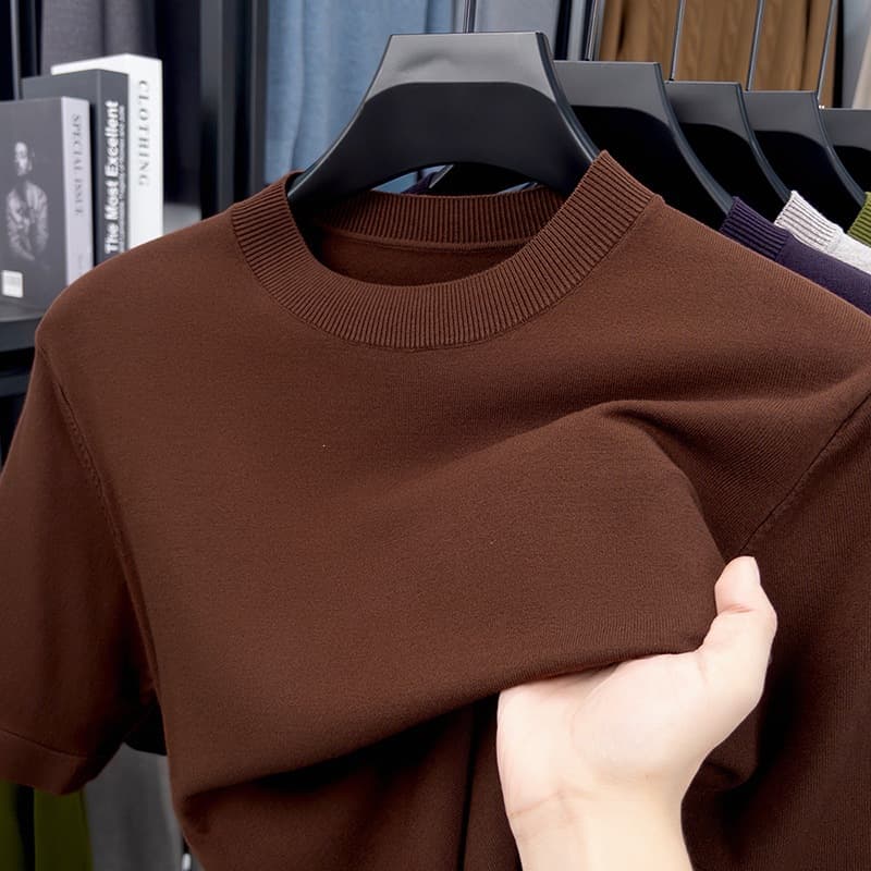 Thin knitted sweaters, spring and autumn turtleneck sweaters, men's round neck sweaters, solid color half-sleeved bottoming short-sleeved sweaters for young and middle-aged people