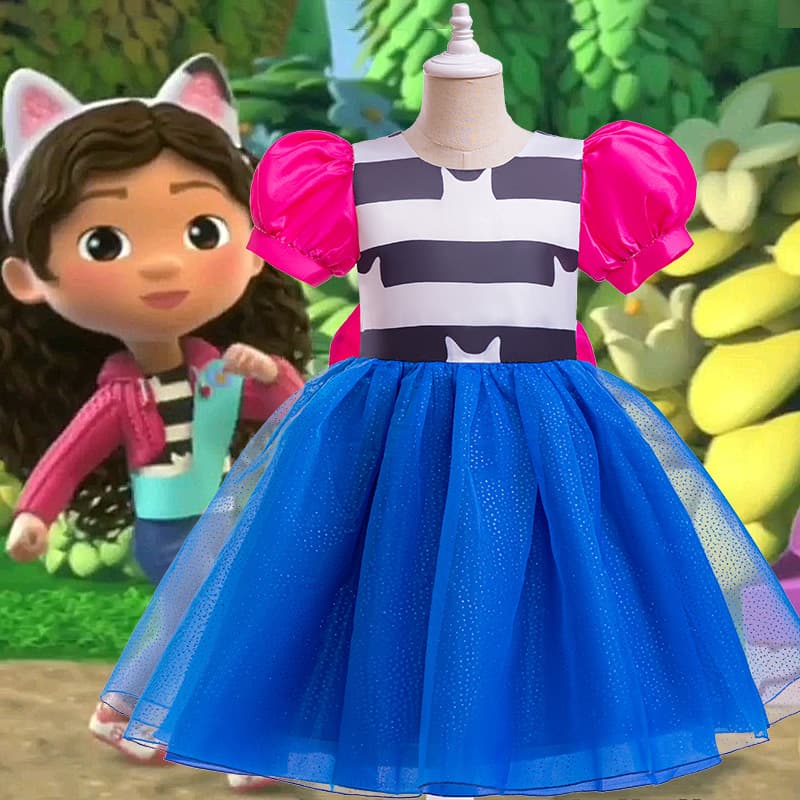 Gaby Dollhouse Same Style Girls Summer Dress Mesh Puff Skirt Puff Sleeves Bow Children's Dress Dress